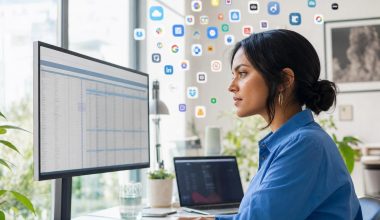 Femme travaillant sur ordinateur avec tableau de données