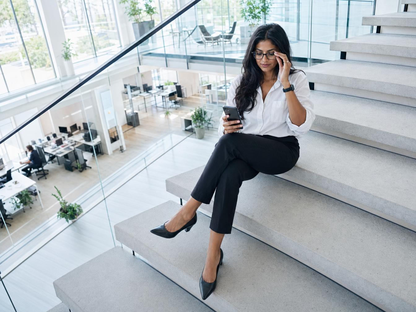 Femme professionnelle assise sur escaliers regardant smartphone