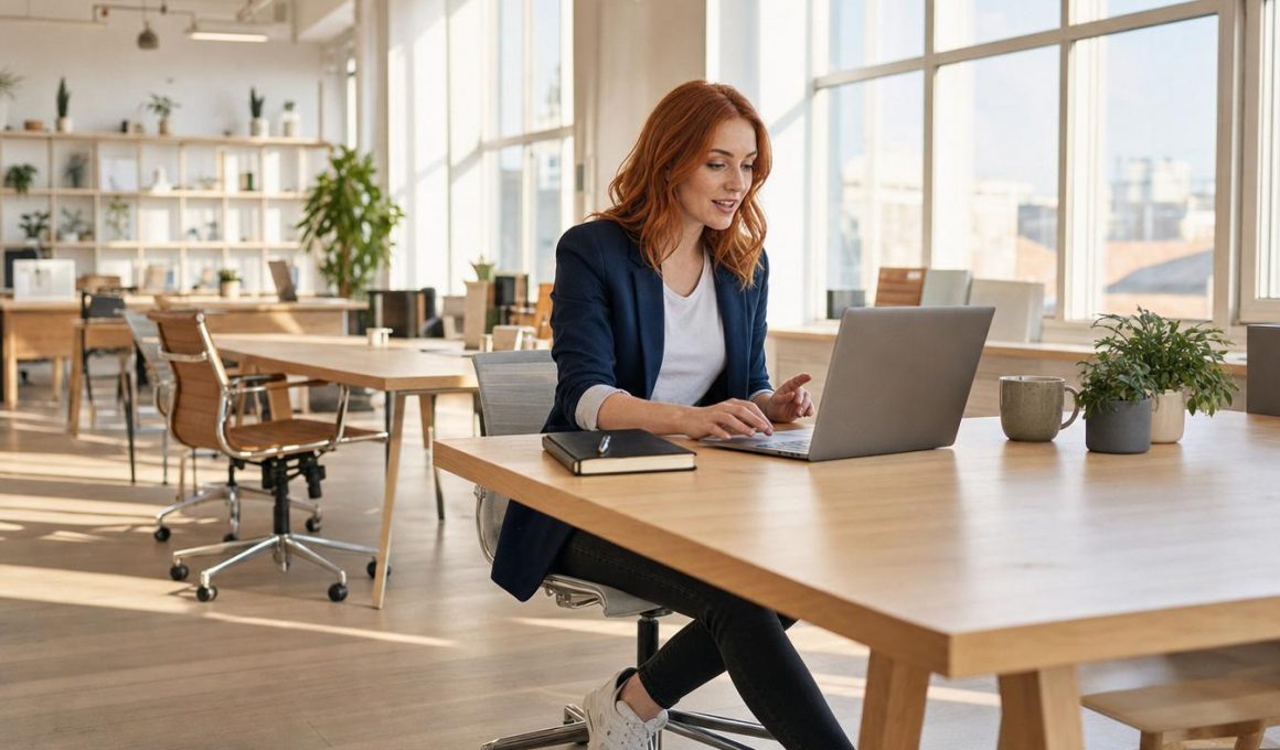Femme travaillant sur ordinateur dans bureau moderne lumineux