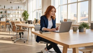 Femme travaillant sur ordinateur dans bureau moderne lumineux