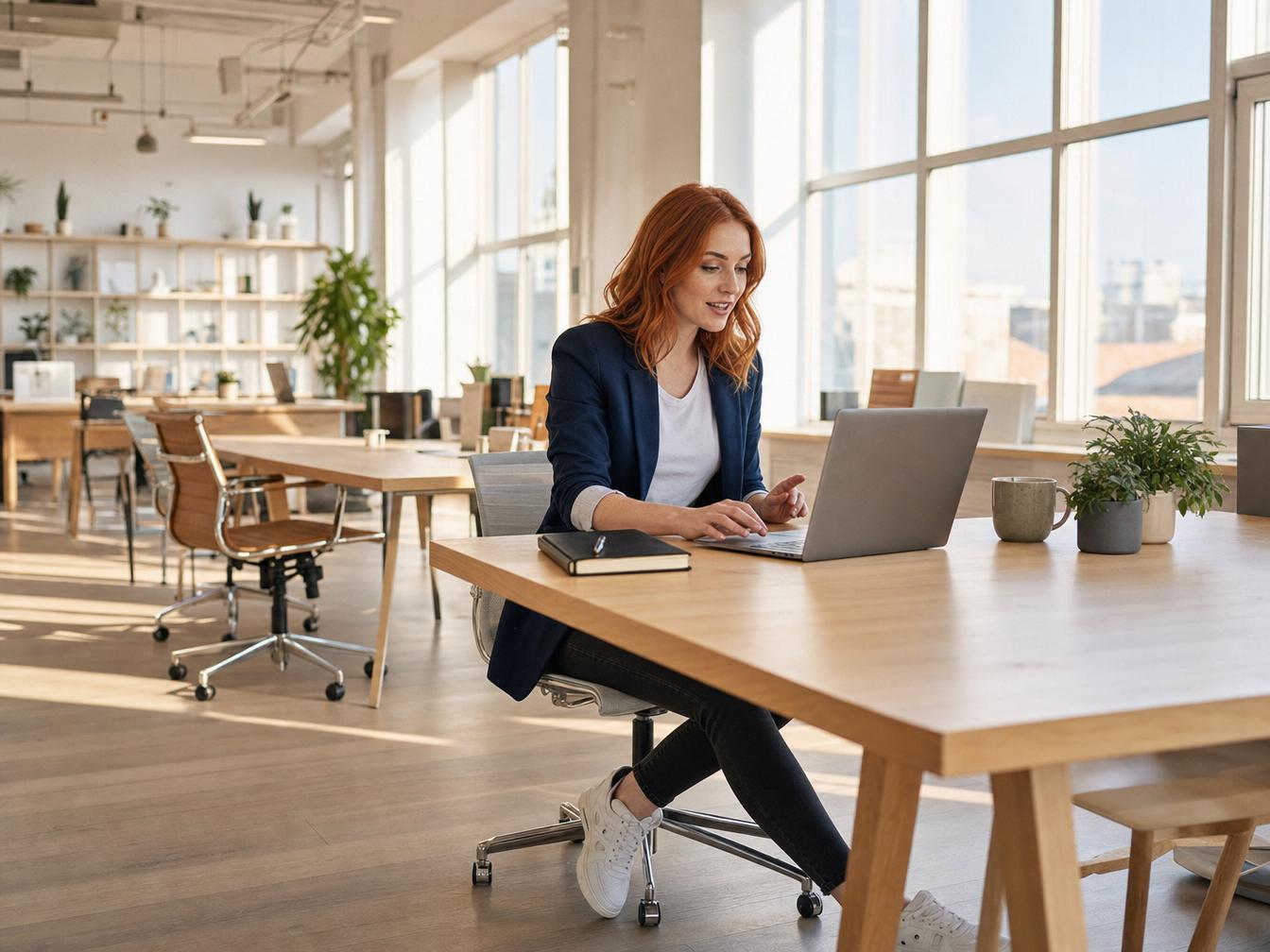 Femme travaillant sur ordinateur dans bureau moderne lumineux