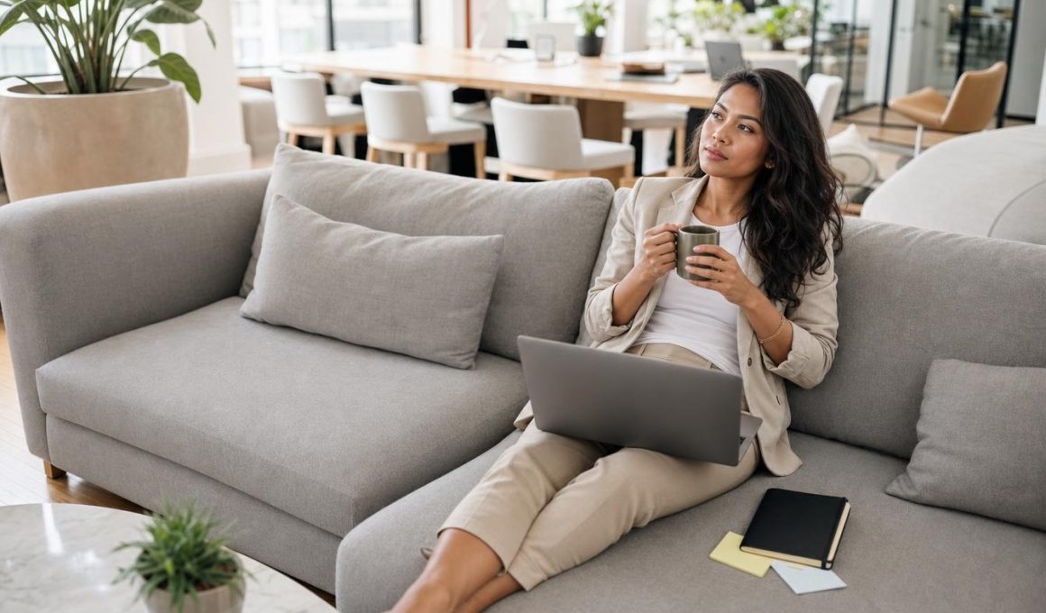 Femme travaillant sur ordinateur portable sur canapé