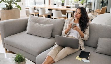 Femme travaillant sur ordinateur portable sur canapé