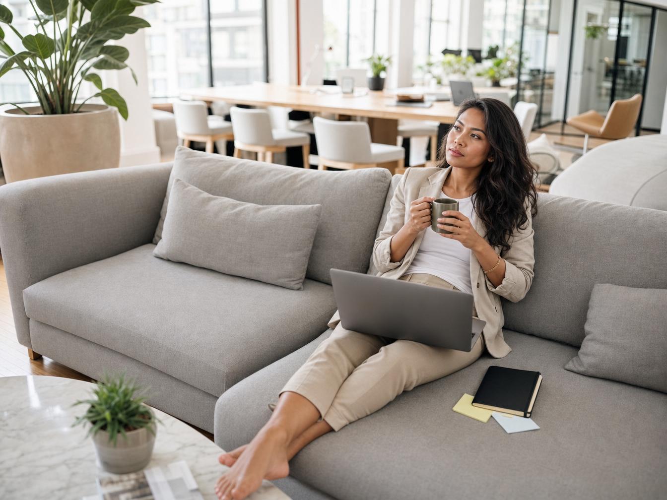 Femme travaillant sur ordinateur portable sur canapé