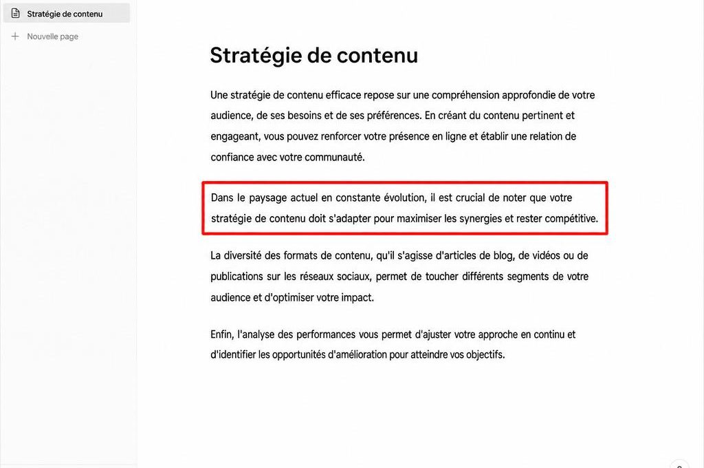 Page Notion sur la stratégie de contenu