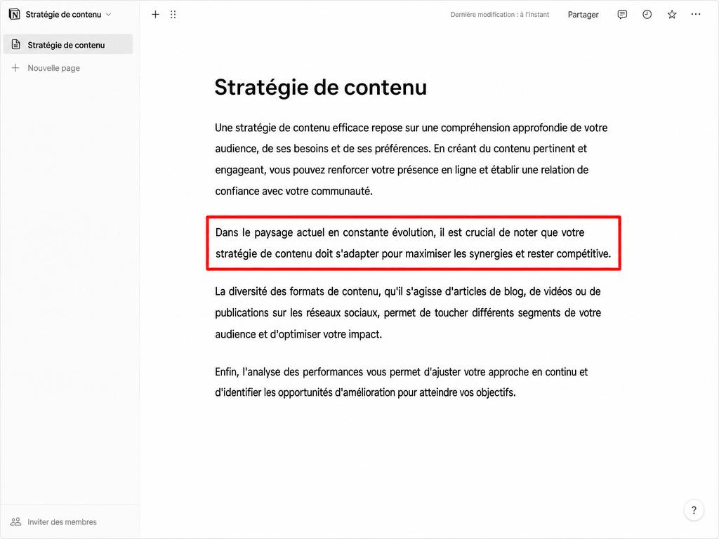 Page Notion sur la stratégie de contenu