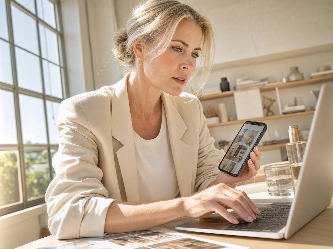 Femme travaillant sur ordinateur et smartphone au bureau