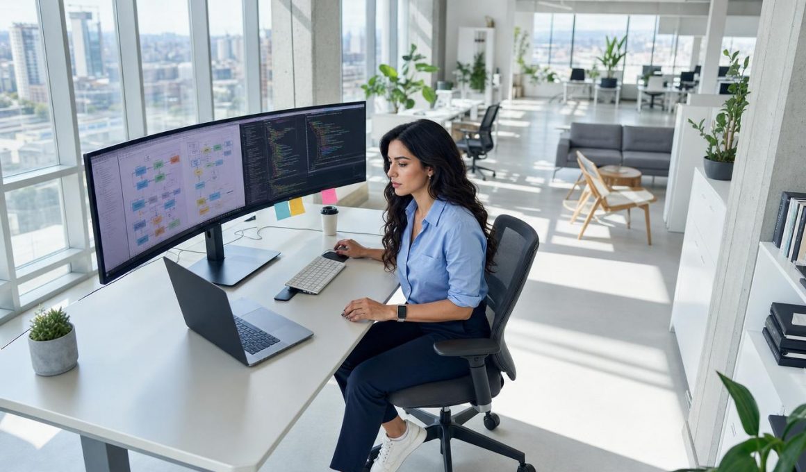 Femme travaillant sur double écran en bureau moderne