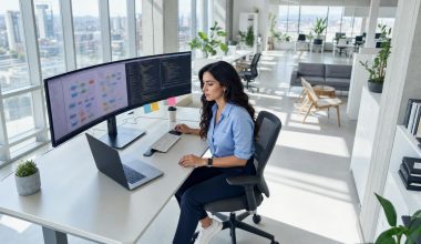 Femme travaillant sur double écran en bureau moderne