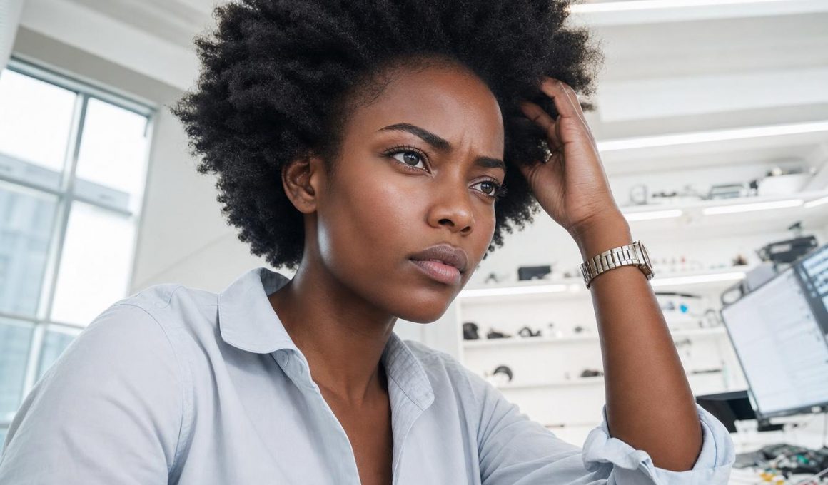 Femme pensive travaillant au bureau devant ordinateur