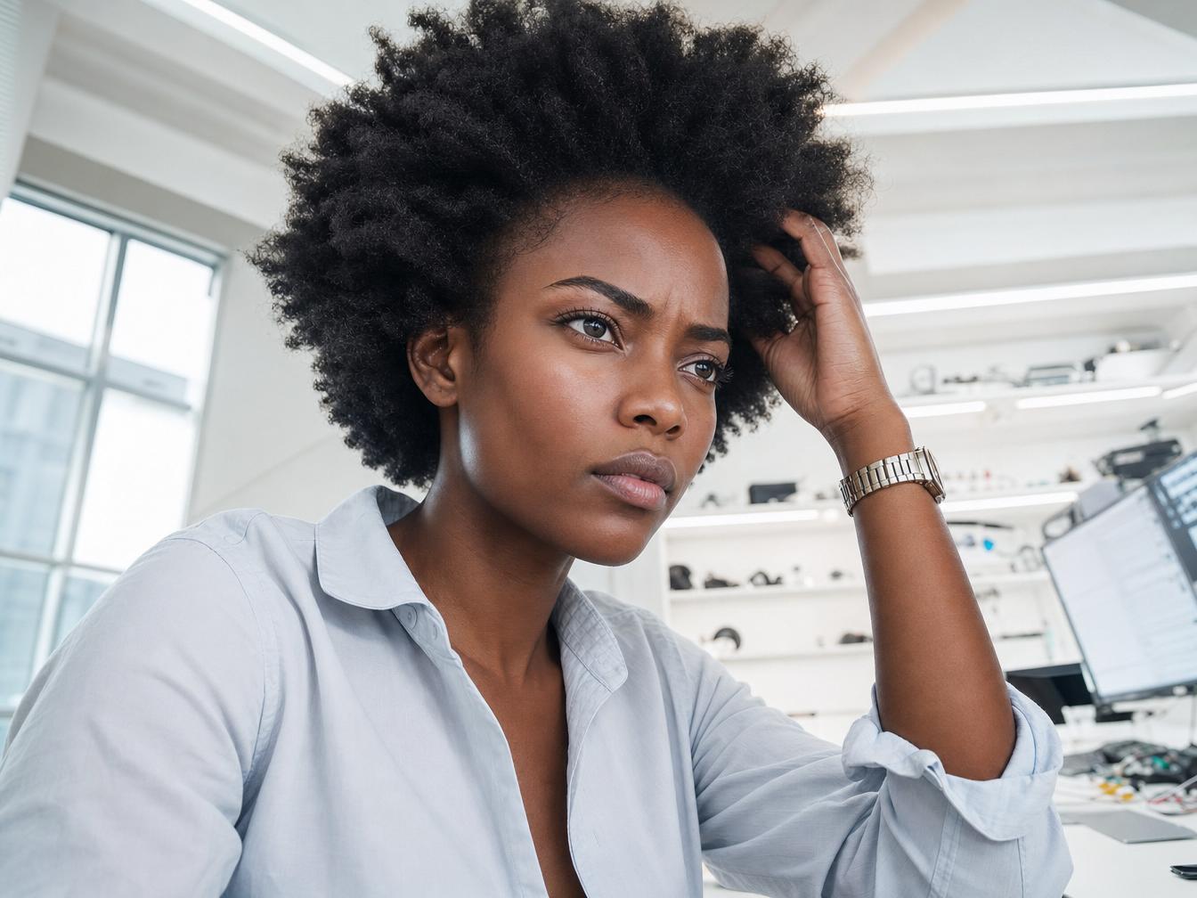 Femme pensive travaillant au bureau devant ordinateur