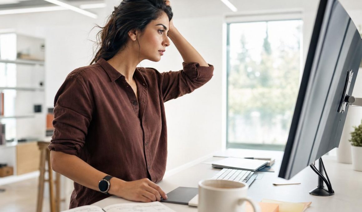 Femme stressée travaillant devant un ordinateur au bureau