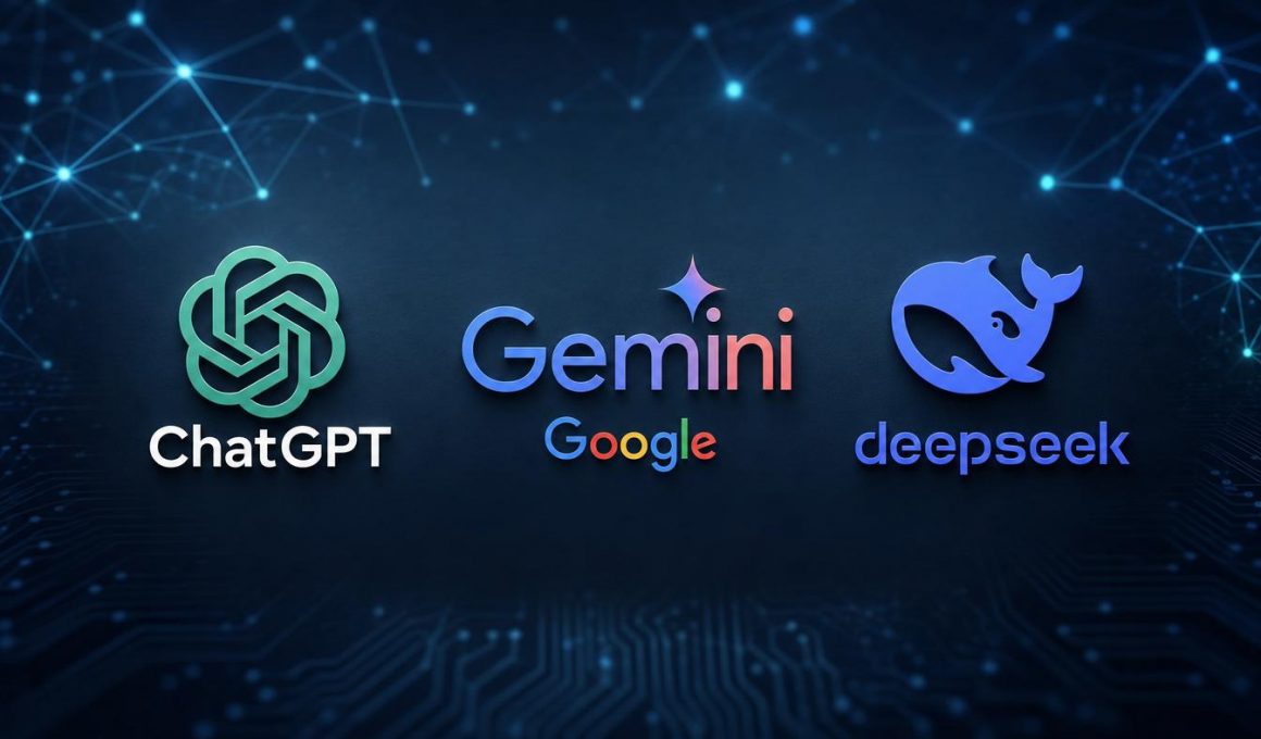 Logos ChatGPT, Gemini et DeepSeek sur fond numérique
