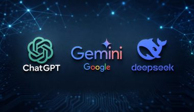 Logos ChatGPT, Gemini et DeepSeek sur fond numérique