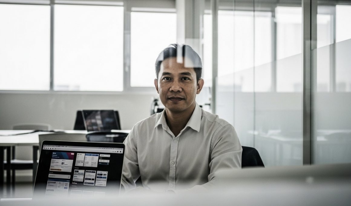 Homme travaillant sur ordinateur dans bureau moderne