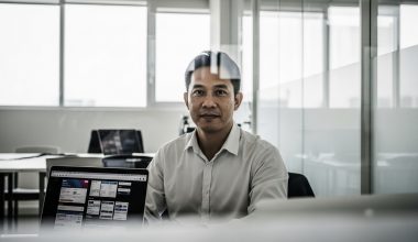 Homme travaillant sur ordinateur dans bureau moderne