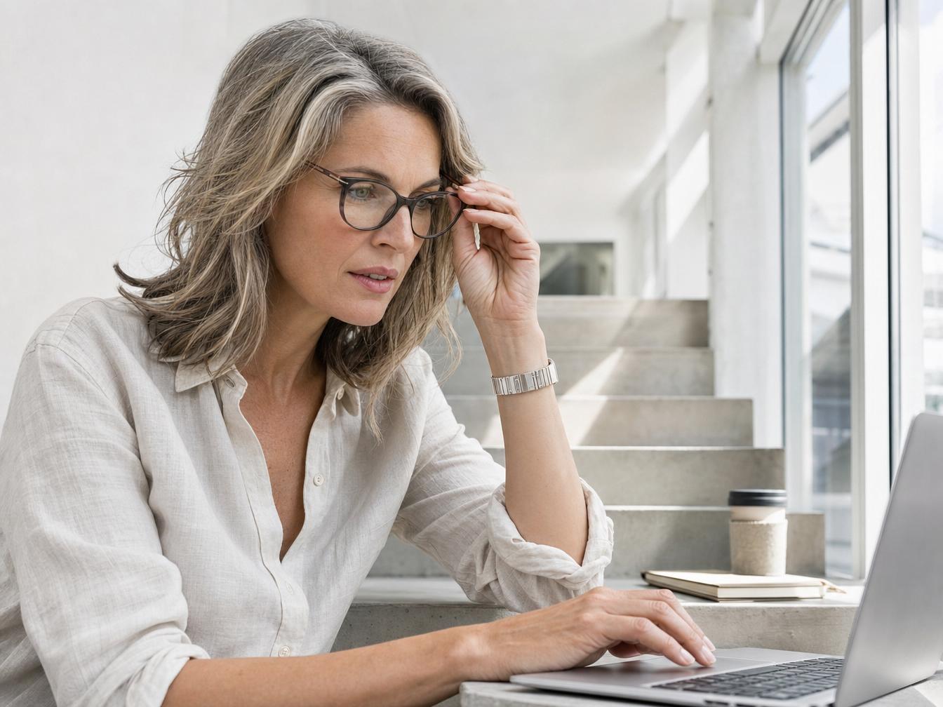 Femme travaillant sur ordinateur portable près d’une fenêtre