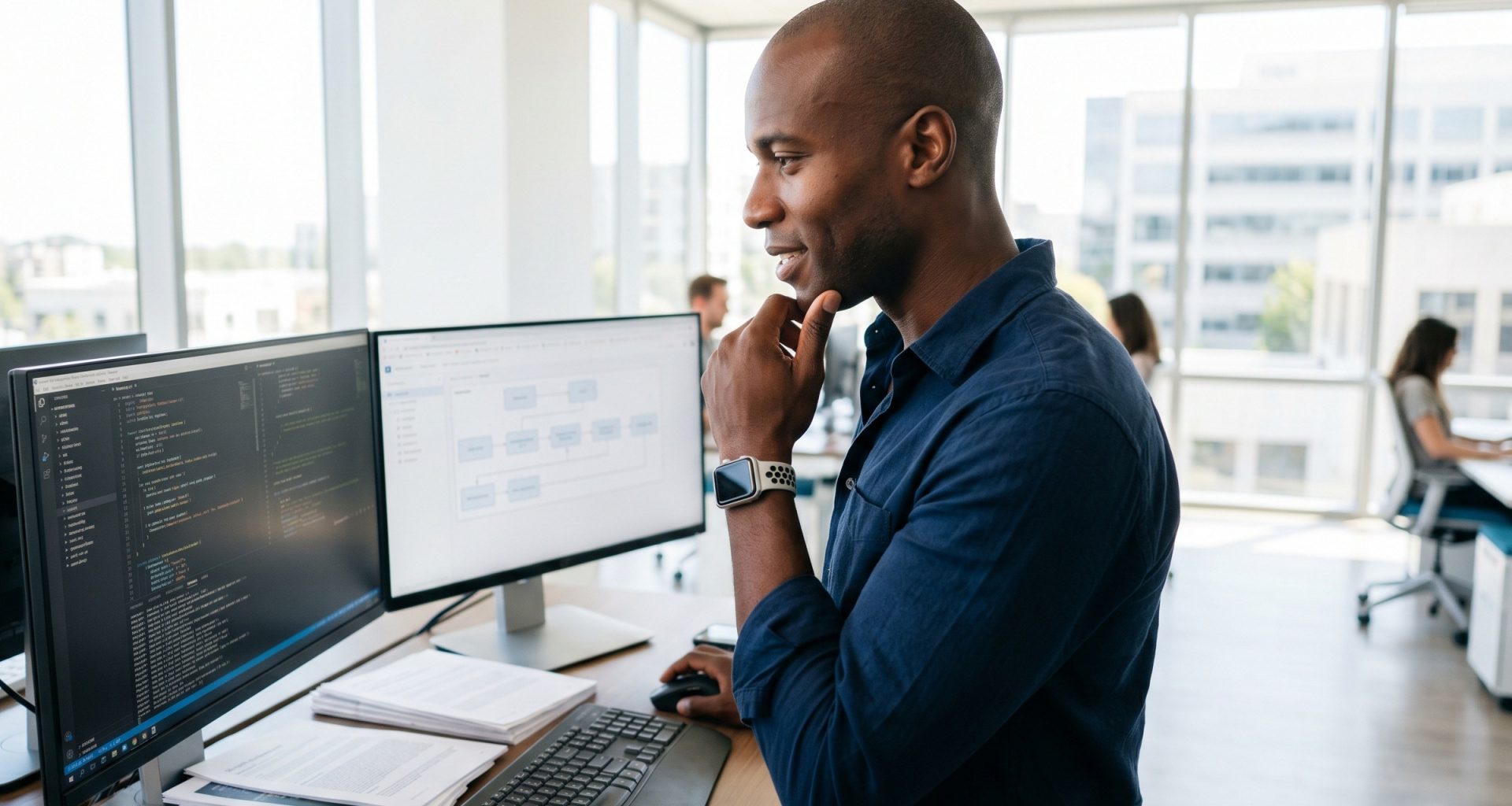 Développeur analysant du code sur double écran