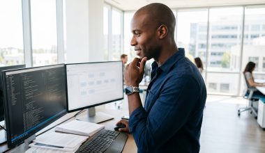 Développeur analysant du code sur double écran