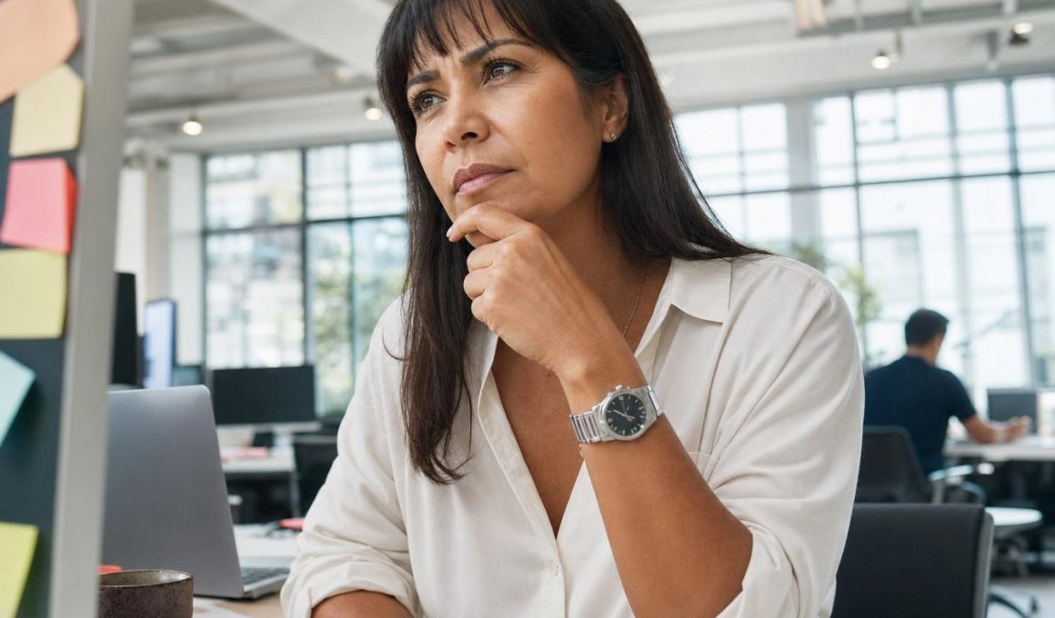Femme réfléchissant au bureau devant son ordinateur