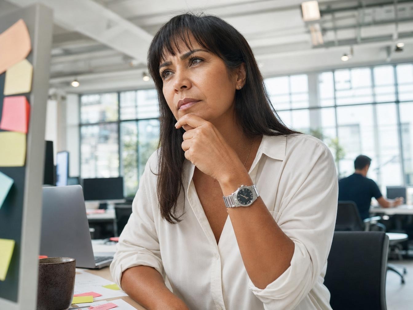 Femme réfléchissant au bureau devant son ordinateur