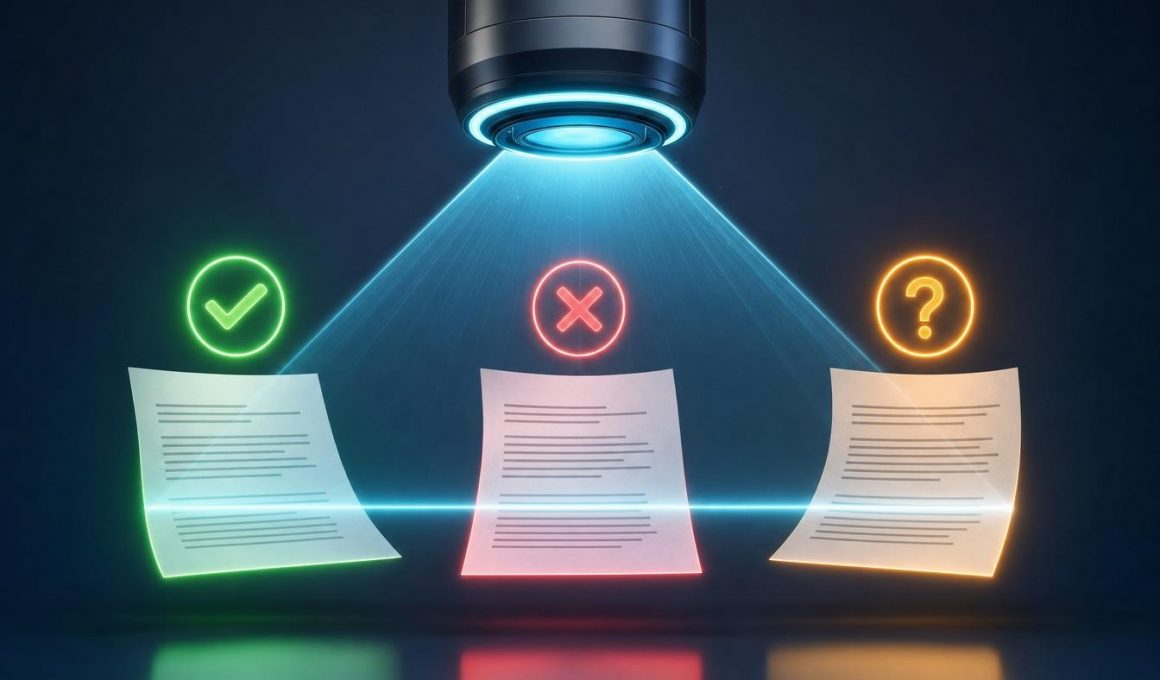 Un détecteur IA scanne trois documents identiques et rend trois verdicts contradictoires : validé (coche verte), rejeté (croix rouge), incertain (point d'interrogation orange)