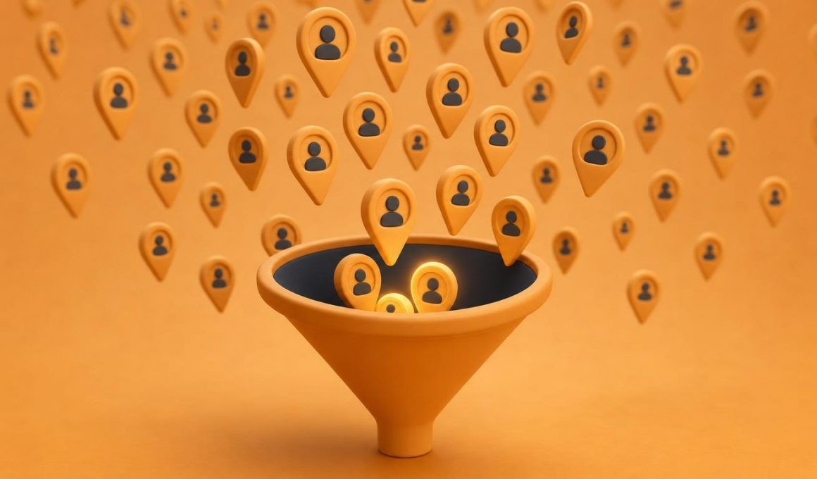 Icônes de contacts B2B aspirées dans un entonnoir de génération de leads, rendu 3D
