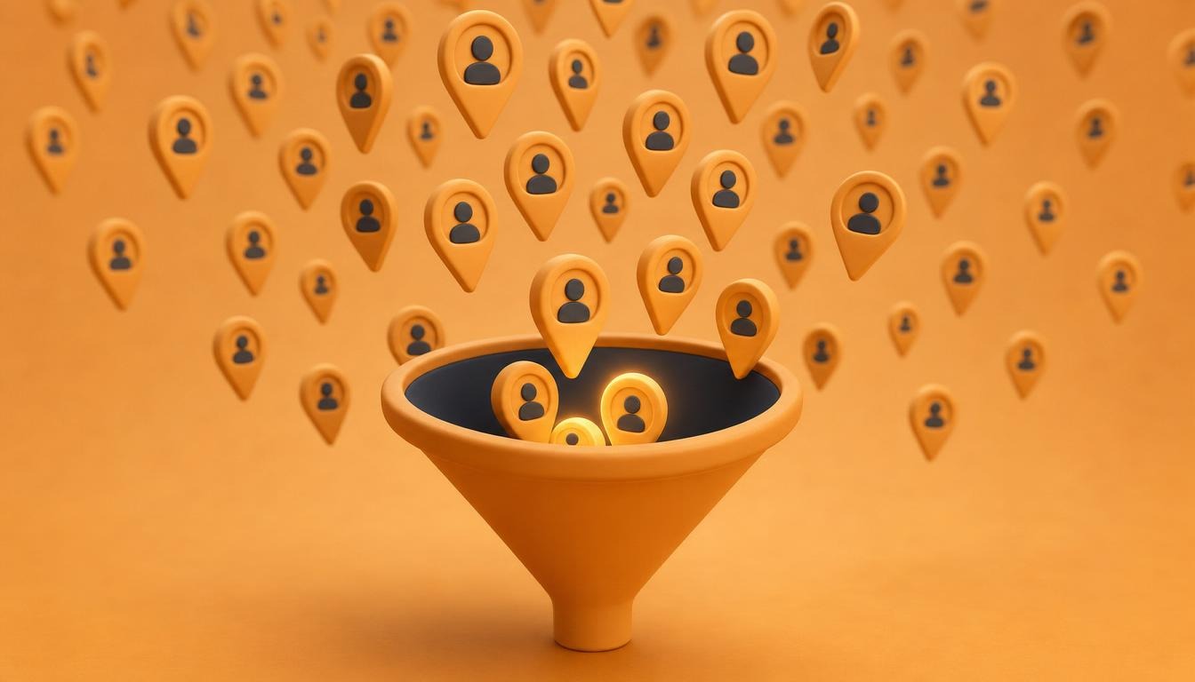 Icônes de contacts B2B aspirées dans un entonnoir de génération de leads, rendu 3D