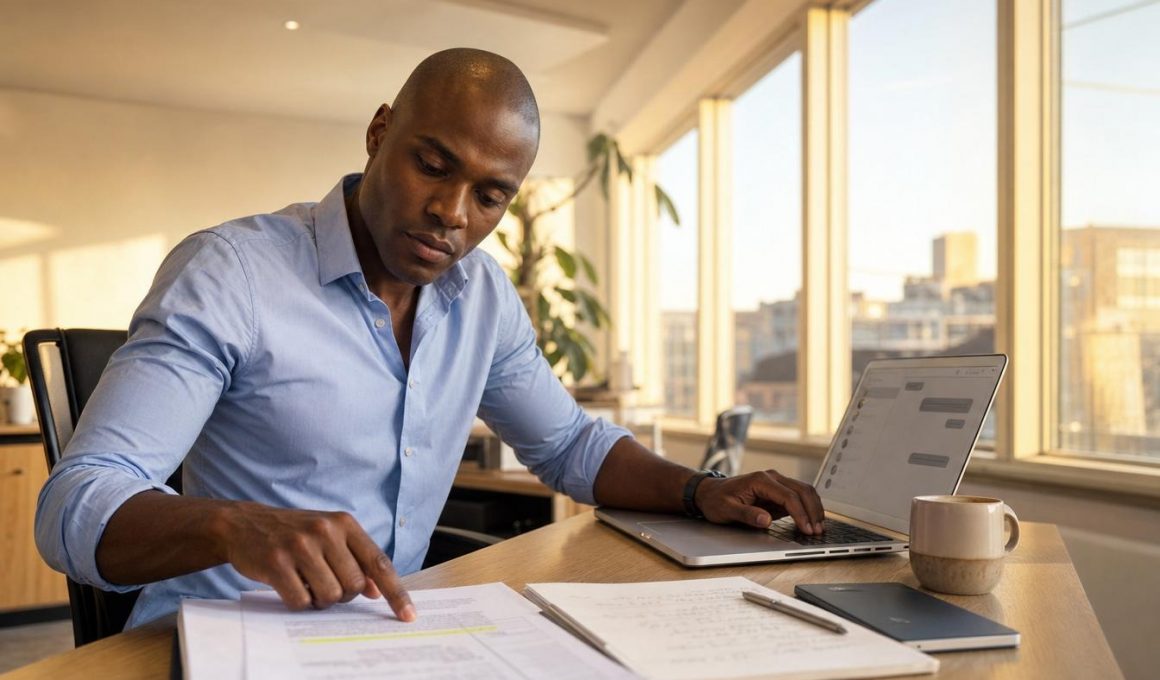 Homme travaillant sur documents avec ordinateur portable