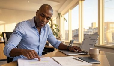 Homme travaillant sur documents avec ordinateur portable