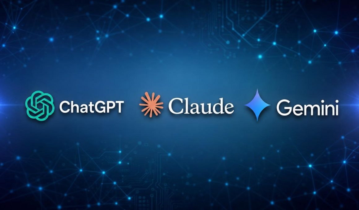 Logos ChatGPT Claude Gemini sur fond technologique