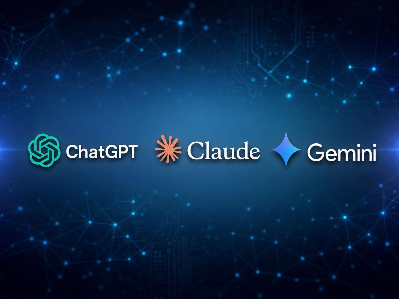 Logos ChatGPT Claude Gemini sur fond technologique