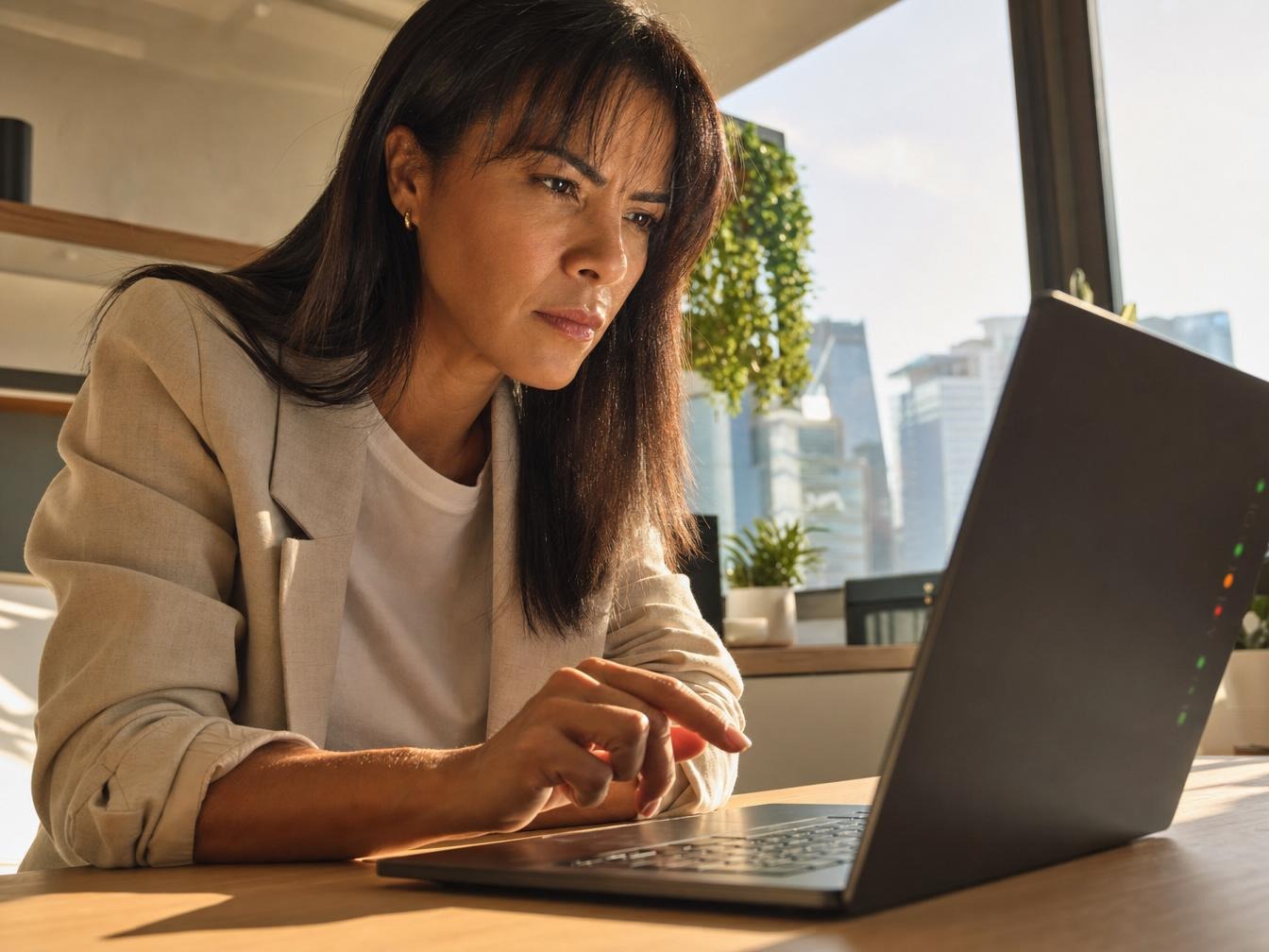 Femme travaillant sur ordinateur portable au bureau lumineux