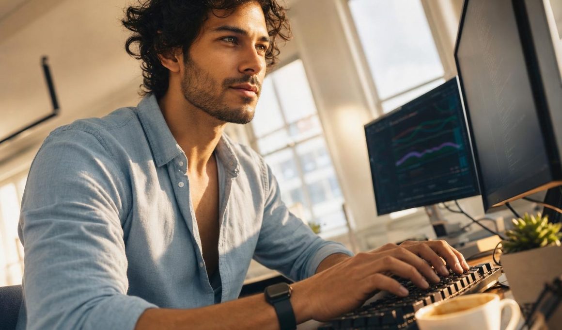 Homme travaillant sur ordinateur avec graphiques financiers