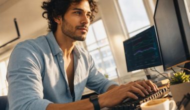 Homme travaillant sur ordinateur avec graphiques financiers