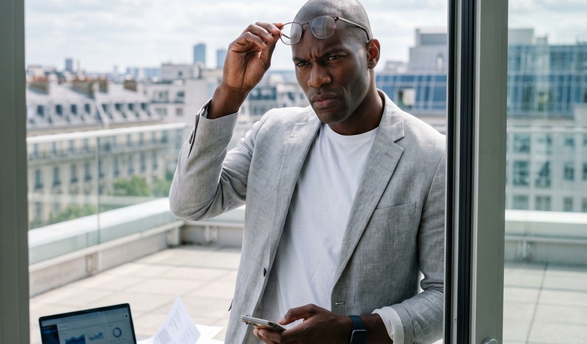 Homme en blazer sur balcon, smartphone en main