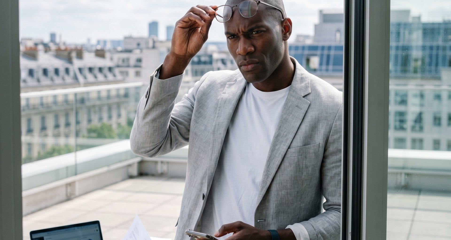 Homme en blazer sur balcon, smartphone en main