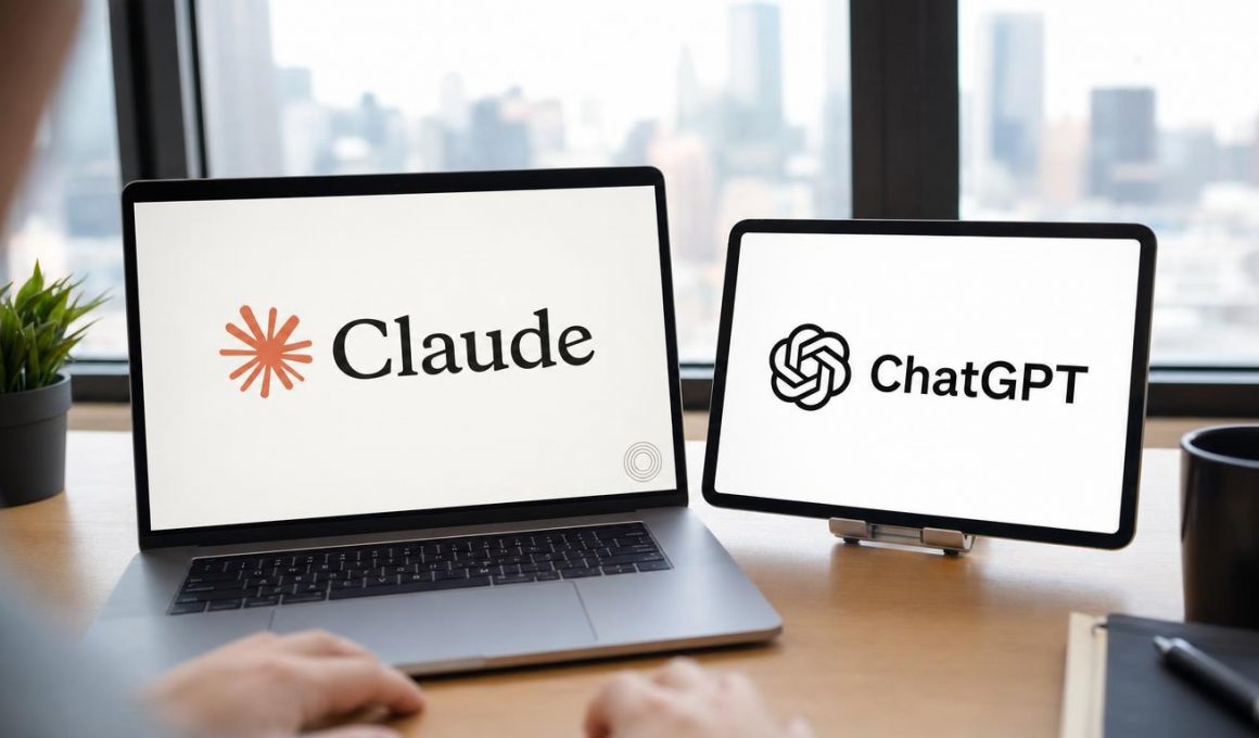 Ordinateur affichant Claude et tablette montrant ChatGPT