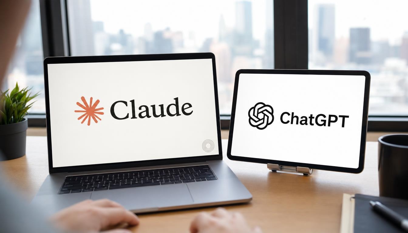 Ordinateur affichant Claude et tablette montrant ChatGPT
