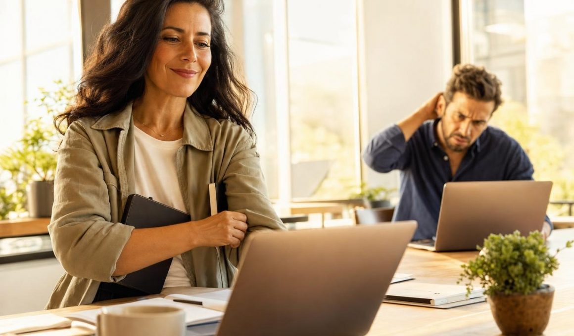 Femme souriante travaille sur ordinateur portable au bureau