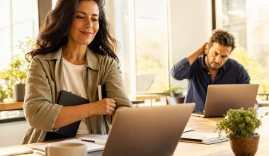 Femme souriante travaille sur ordinateur portable au bureau