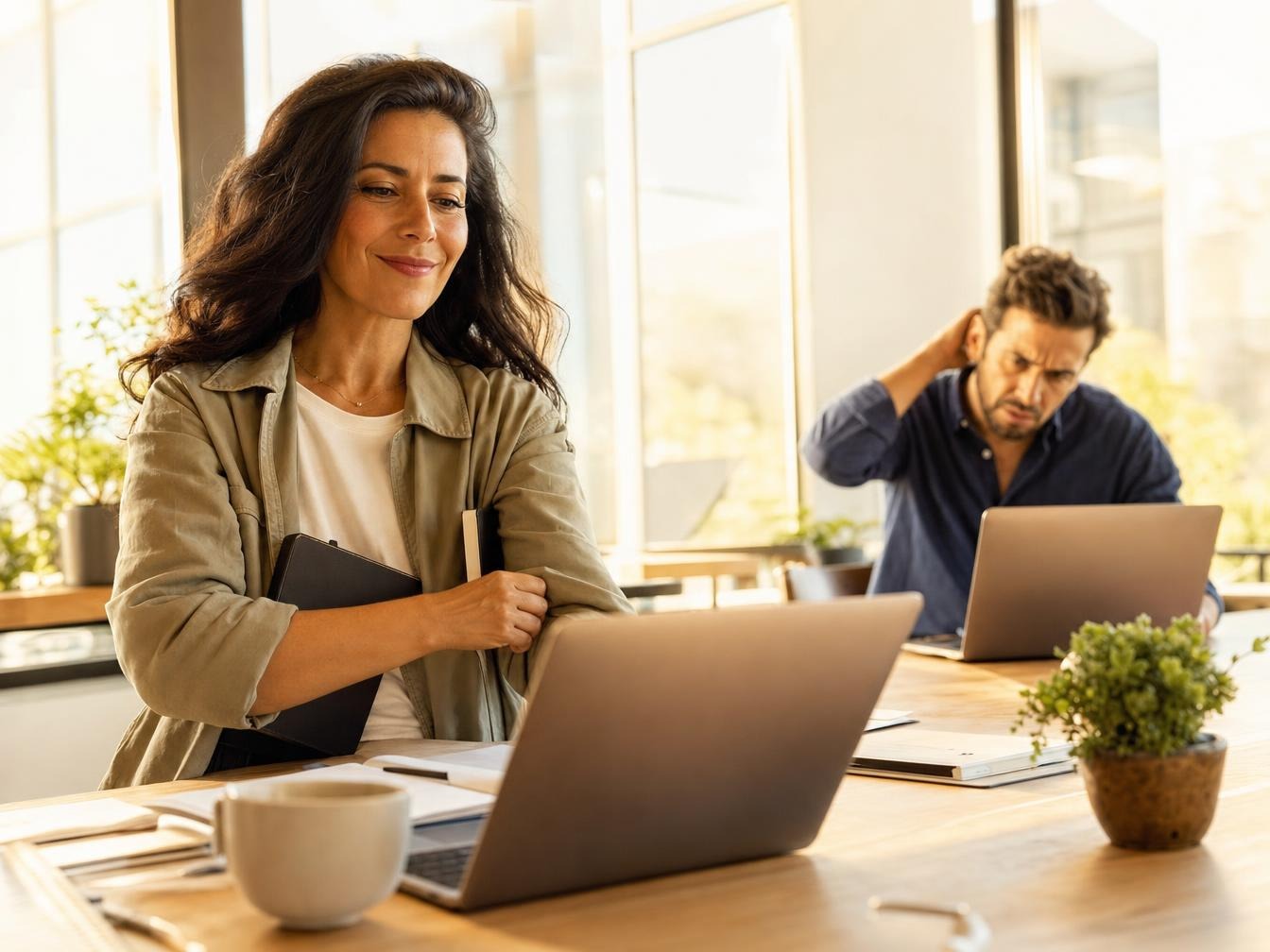 Femme souriante travaille sur ordinateur portable au bureau