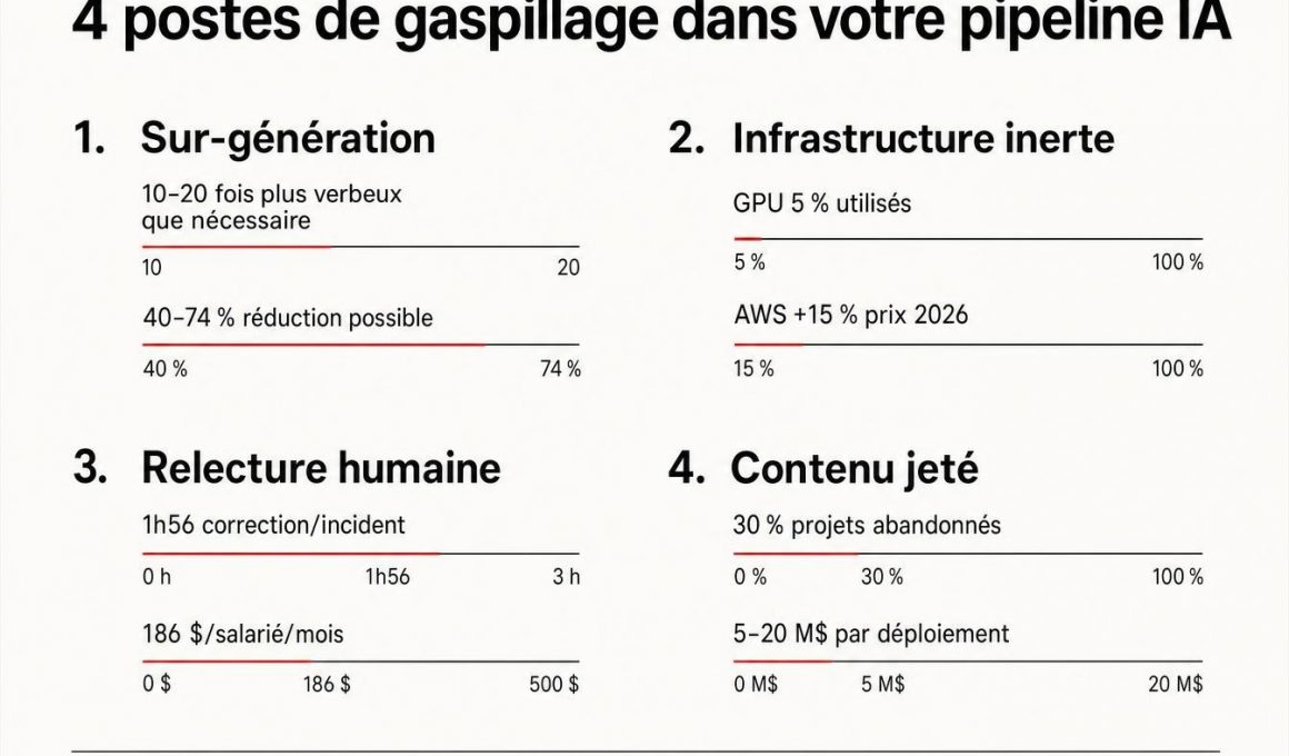Infographie des quatre sources de gaspillage d’un pipeline IA