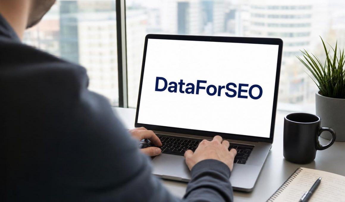 Logo DataForSEO affiché sur l'écran d'un ordinateur portable, scène de travail bureau