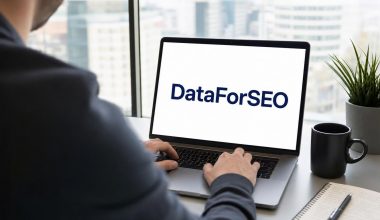 Logo DataForSEO affiché sur l'écran d'un ordinateur portable, scène de travail bureau