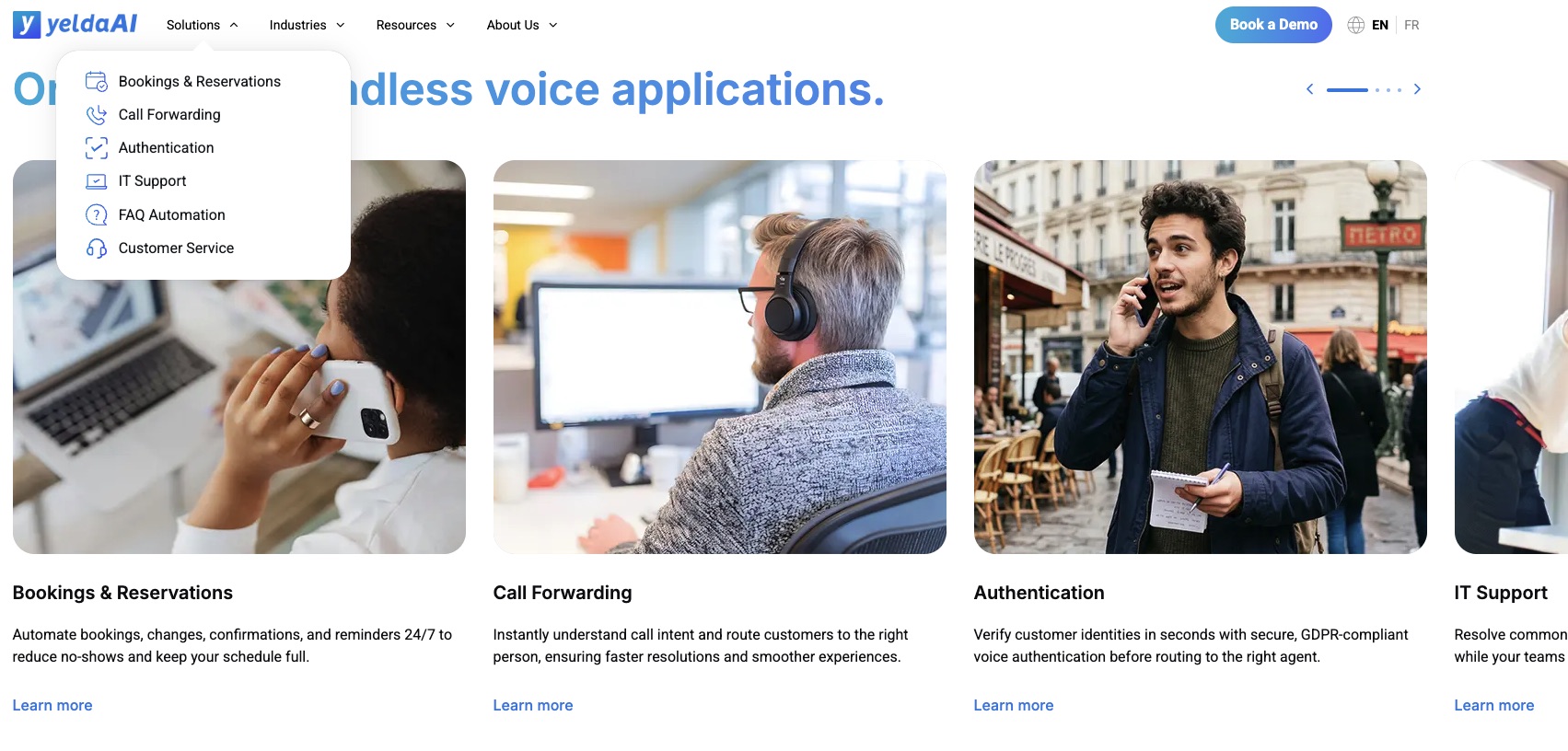 Interface yeldaAI présentant applications vocales professionnelles