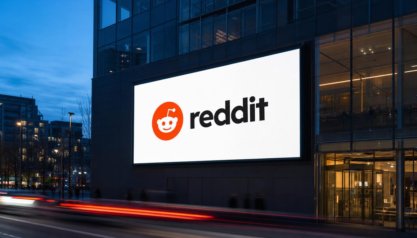 Logo Reddit affiché en grand sur un écran publicitaire digital sur la façade d'un immeuble en ville, de nuit
