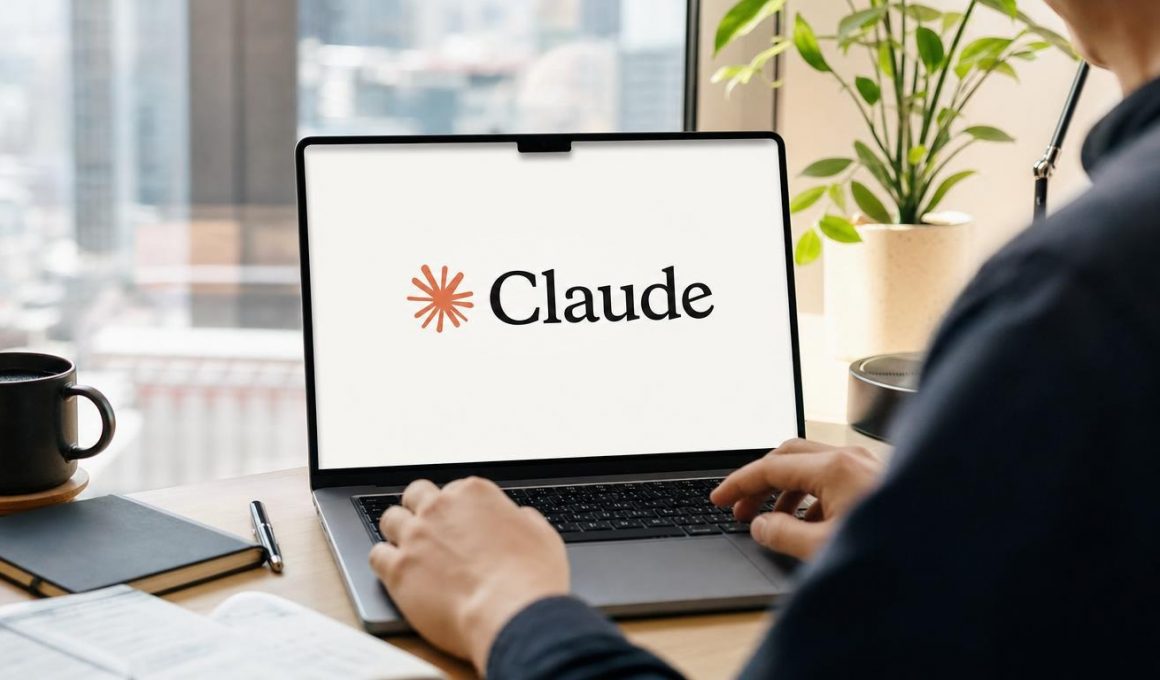 Personne utilisant Claude sur un ordinateur portable au bureau