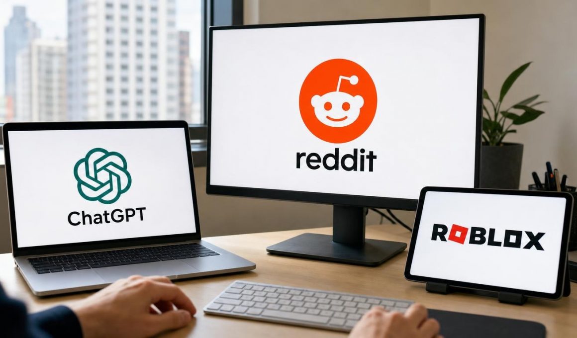 Écrans affichant les logos ChatGPT, Reddit et Roblox