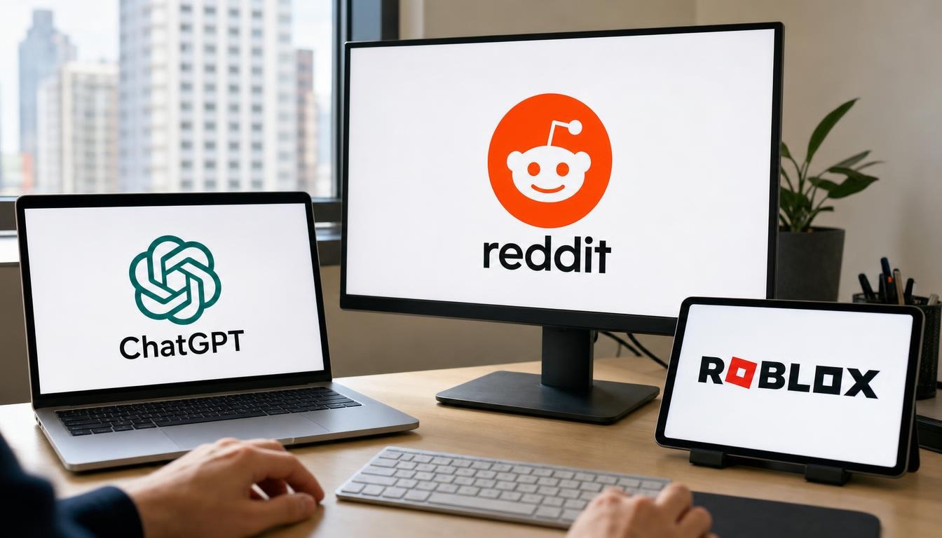 Écrans affichant les logos ChatGPT, Reddit et Roblox